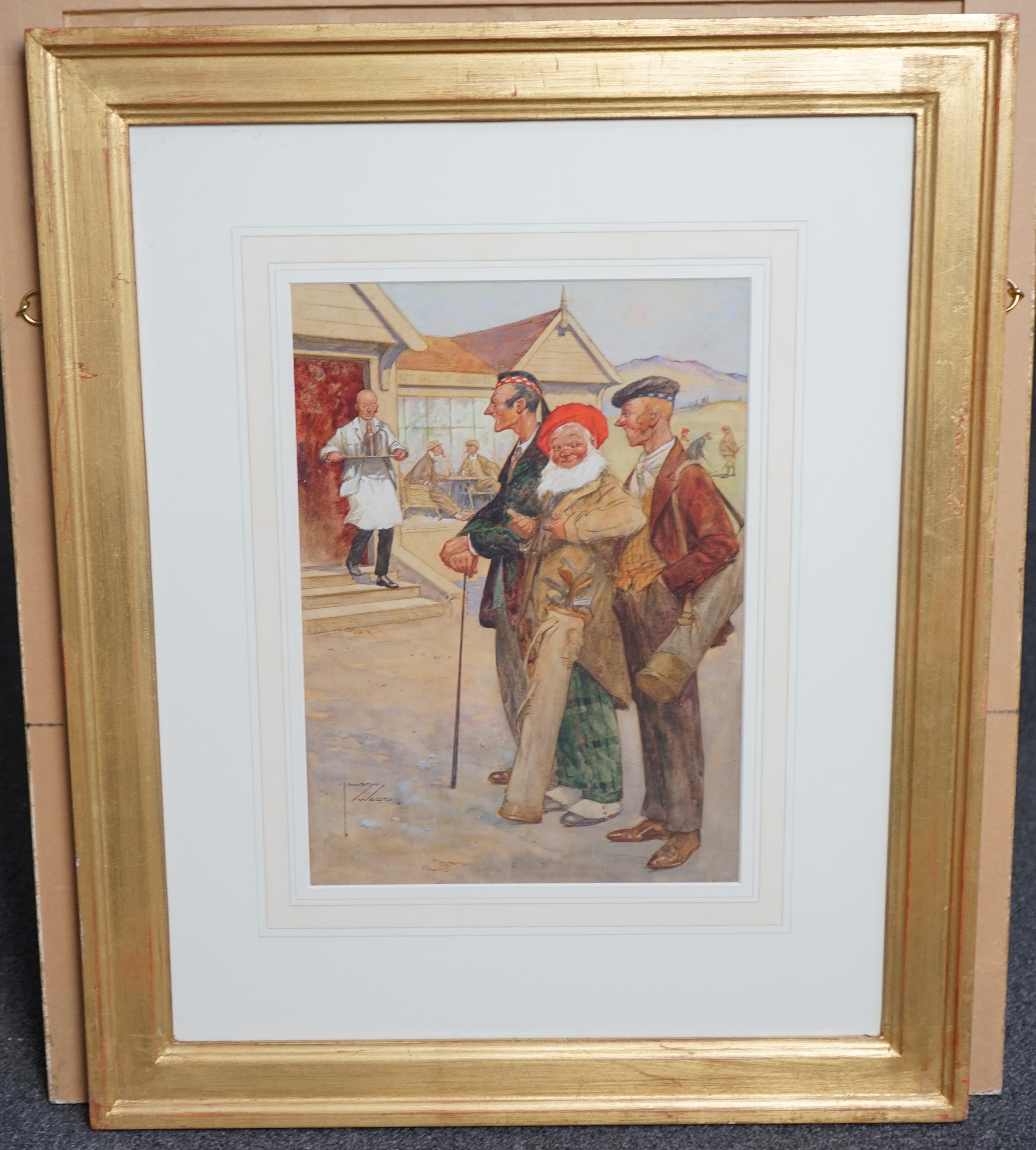 Lawson Wood (British, 1878-1957), watercolour, 'The 19th Hole', signed and dated '18, 34.5 x 25cm. Condition - fair to good